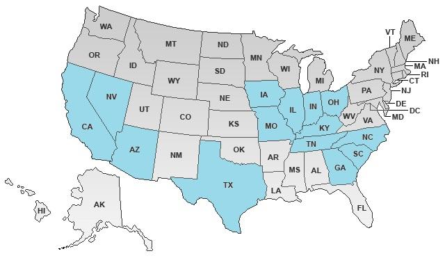 Service Areas for transport in the U.S. - AZ, CA, GA, JA, IL, IN, KY, MO, NC, NV, OH, SC, TN, AND TX